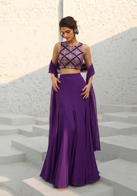 Deep Purple Embroidered Crepe Lehenga Set