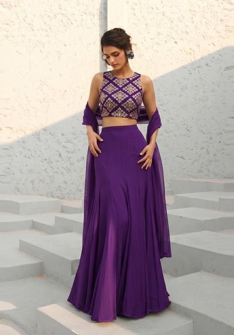 Deep Purple Embroidered Crepe Lehenga Set