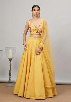 Mustard Yellow Printed Chinon Lehenga Set
