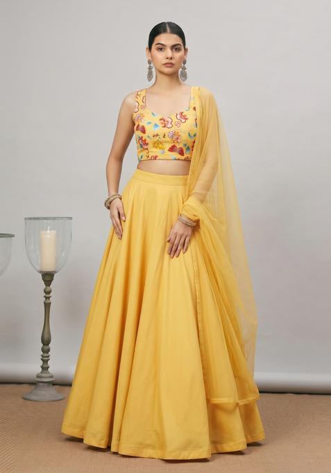 Mustard Yellow Printed Chinon Lehenga Set