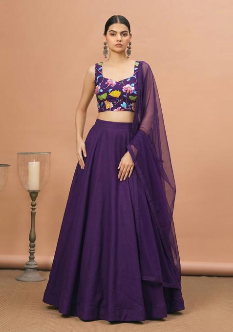Deep Purple Printed Chinon Lehenga Set