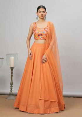 Peach Orange Printed Chinon Lehenga Set