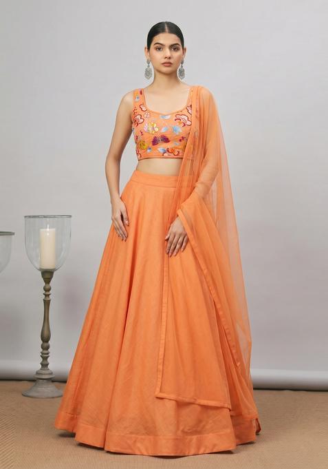Peach Orange Printed Chinon Lehenga Set