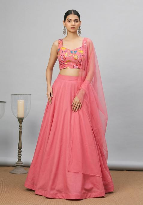 Blush Pink Printed Chinon Lehenga Set
