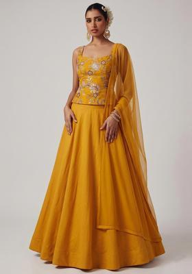 Mustard Printed Organza Lehenga Set
