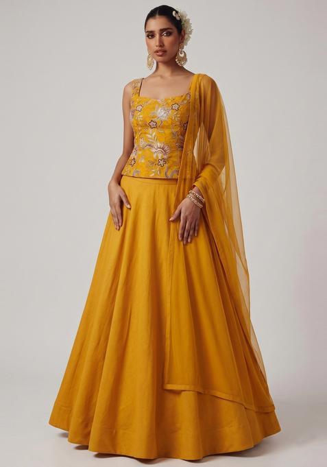 Mustard Printed Organza Lehenga Set