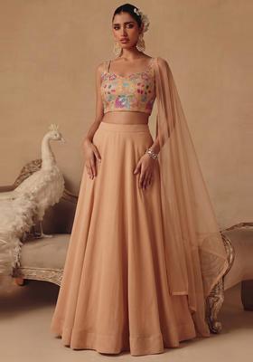 Beige Printed Organza Lehenga Set