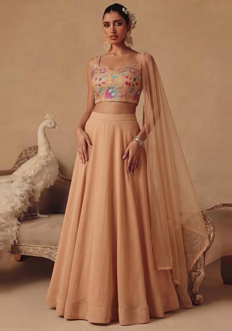Beige Printed Organza Lehenga Set