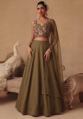 Olive Green Printed Organza Lehenga Set