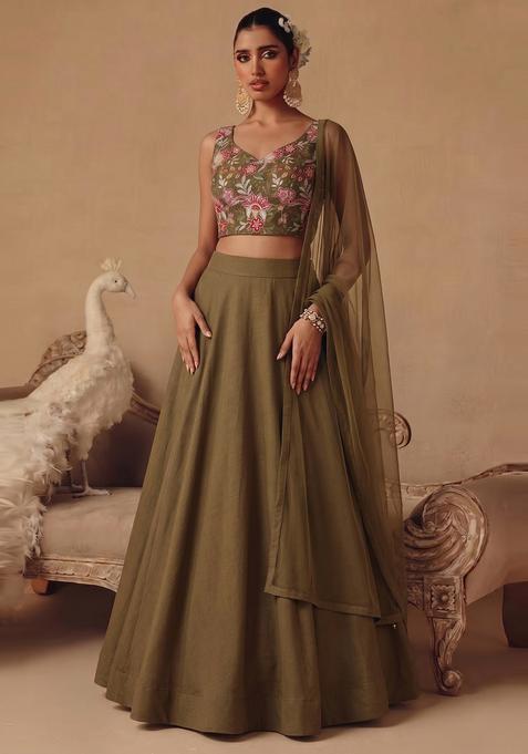 Olive Green Printed Organza Lehenga Set