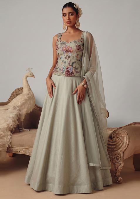 Grey Printed Organza Lehenga Set