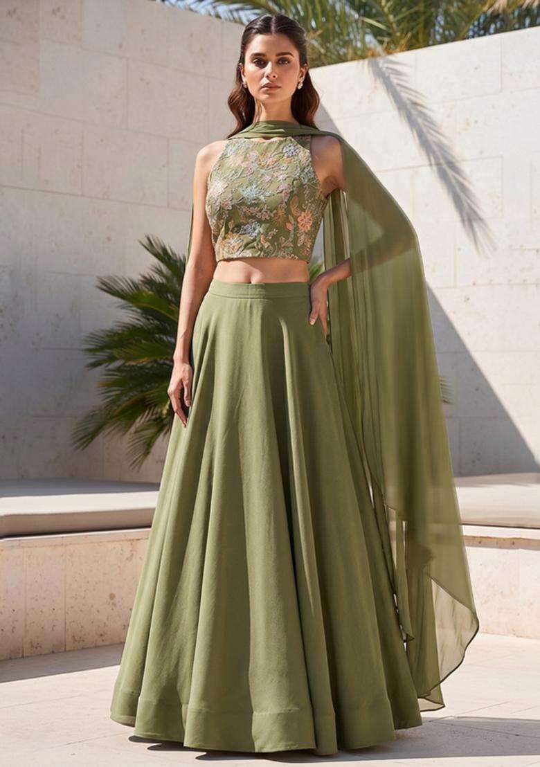 Olive Green Sequin Crepe Lehenga Set - Indya