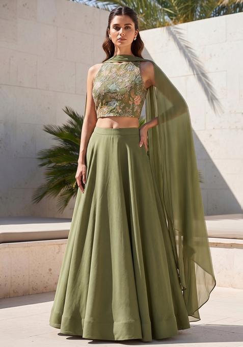 Olive Green Sequin Crepe Lehenga Set