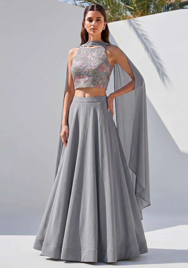 Slate Grey Sequin Crepe Lehenga Set - Indya
