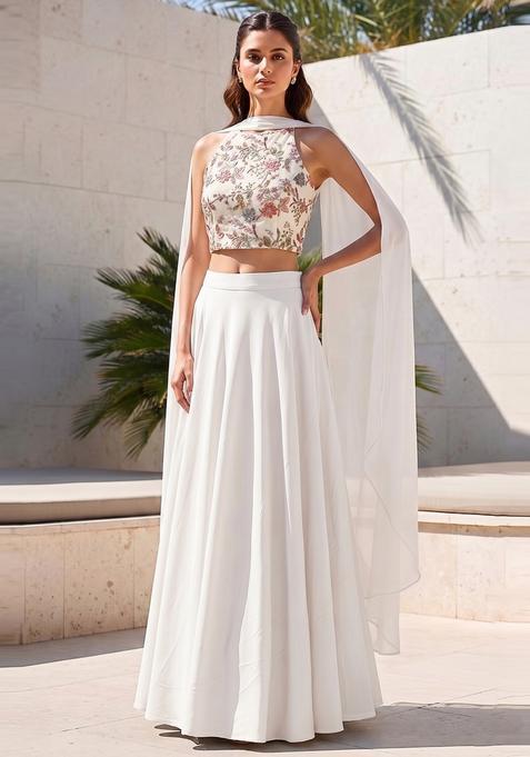 White Sequin Crepe Lehenga Set