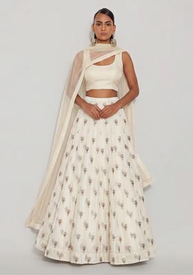 White Embroidered Silk Blend Lehenga Set