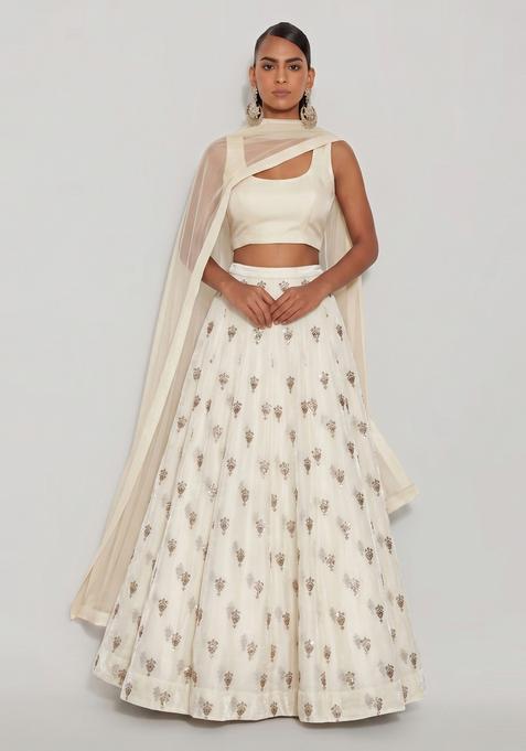 White Embroidered Silk Lehenga Set