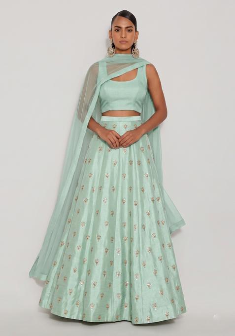 Mint Green Embroidered Silk Lehenga Set