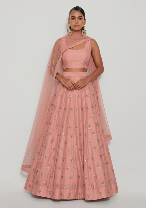Blush Pink Embroidered Silk Lehenga Set