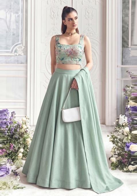 Sage Green Printed Tissue Lehenga Set