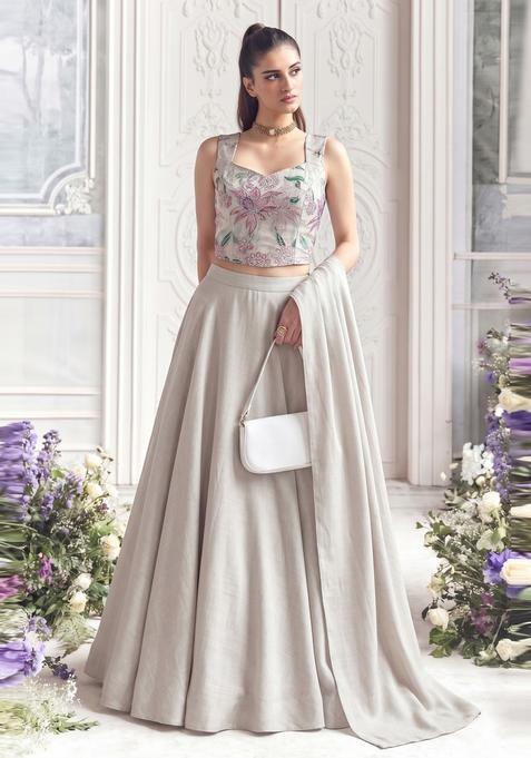 Grey Printed Tissue Lehenga Set
