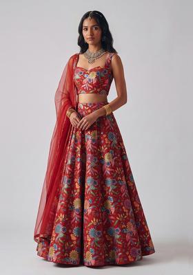 Red Printed Crepe Lehenga Set