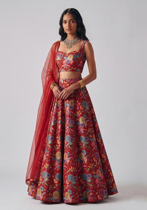 Red Printed Crepe Lehenga Set
