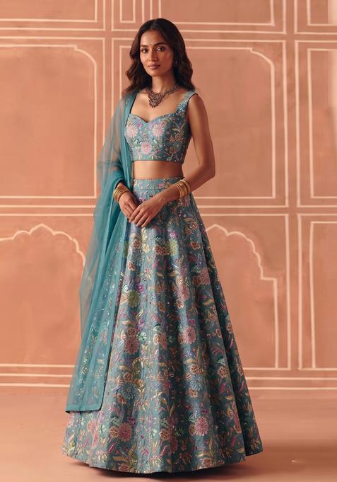Dusty Blue Printed Crepe Lehenga Set