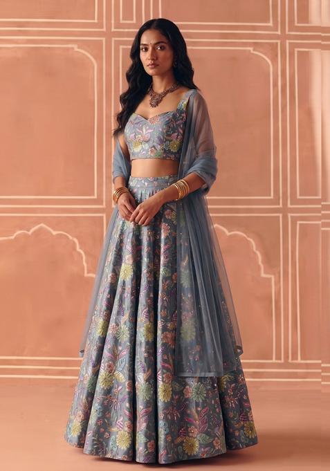 Steel Grey Printed Crepe Lehenga Set