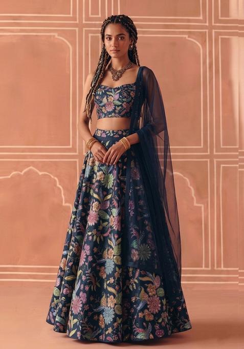 Midnight Blue Printed Crepe Lehenga Set