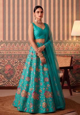 Teal Blue Printed Crepe Lehenga Set