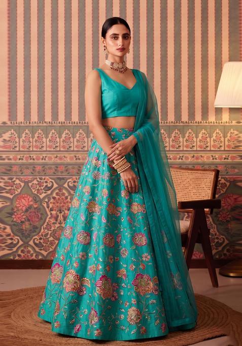Teal Blue Printed Crepe Lehenga Set