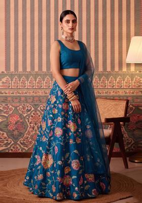 Dark Blue Printed Crepe Lehenga Set