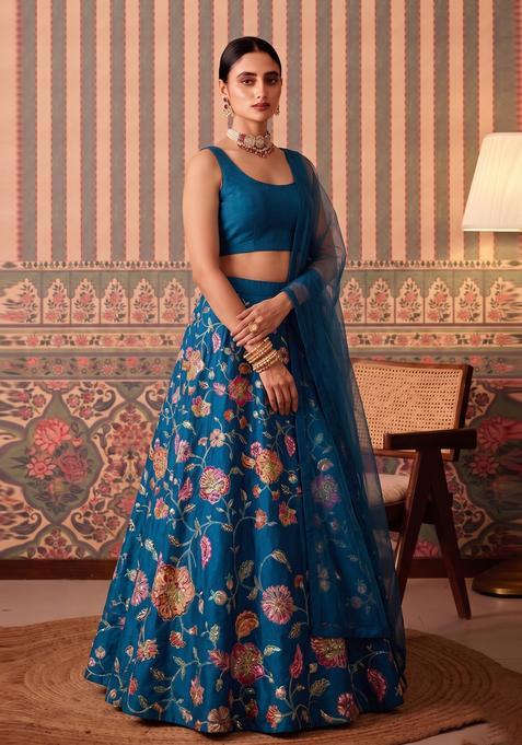 Dark Blue Printed Crepe Lehenga Set
