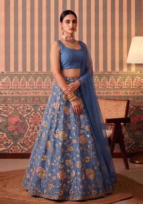 Dusty Blue Printed Crepe Lehenga Set