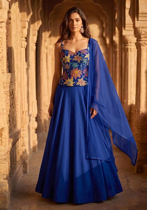 Royal Blue Printed Crepe Lehenga Set