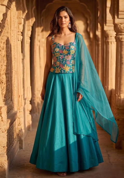 Teal Printed Crepe Lehenga Set