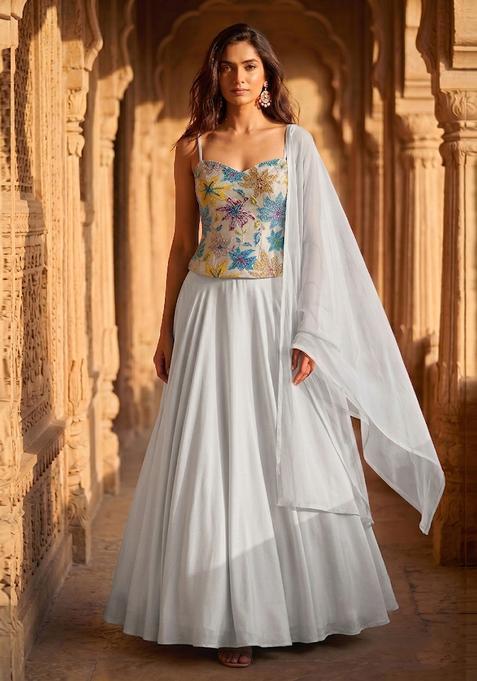 Off White Printed Crepe Lehenga Set
