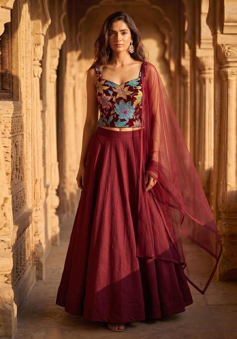 Maroon Printed Crepe Lehenga Set