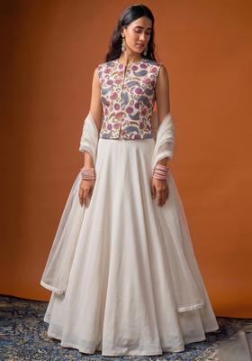 White Printed Crepe Lehenga Set