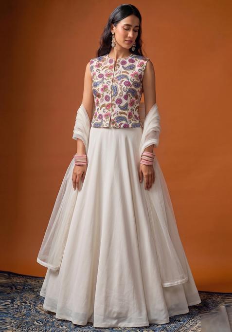 White Printed Crepe Lehenga Set