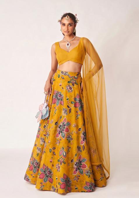 Mustard Yellow Printed Organza Lehenga Set