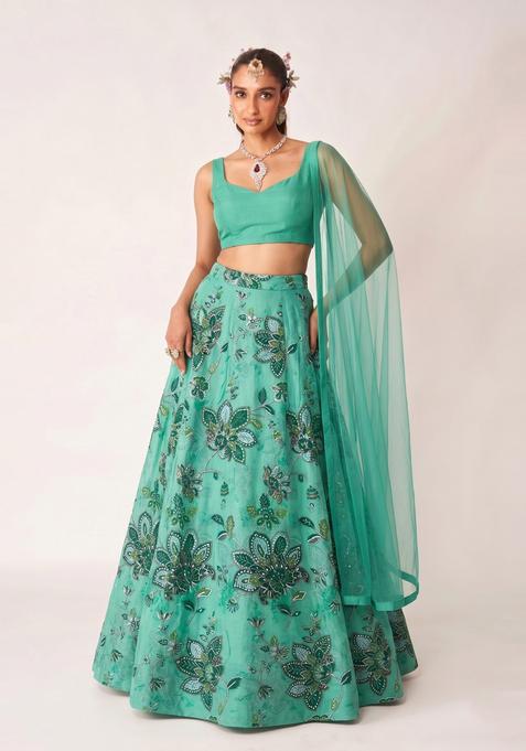 Sea Green Printed Organza Lehenga Set