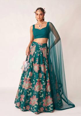 Teal Green Printed Organza Lehenga Set