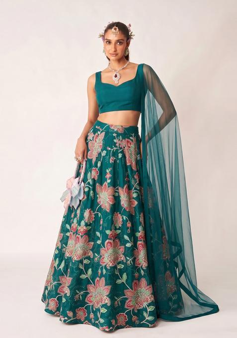 Teal Green Printed Organza Lehenga Set