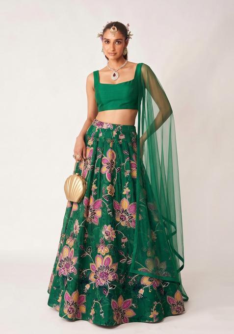 Emerald Green Printed Organza Lehenga Set