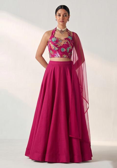 Magenta Printed Crepe Lehenga Set