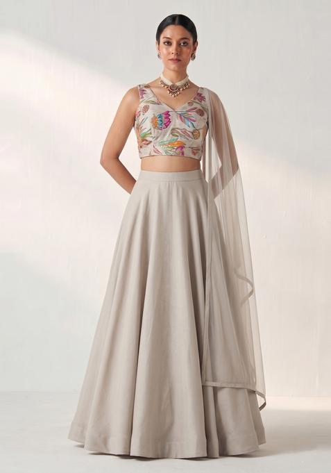 Grey Printed Crepe Lehenga Set