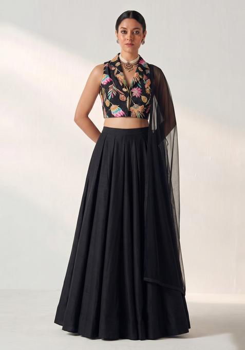Black Printed Crepe Lehenga Set