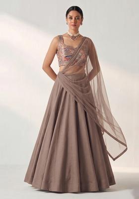Brown Printed Crepe Lehenga Set